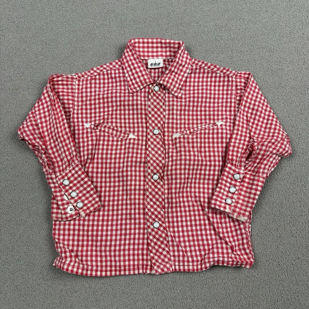 Vtg Sears Kids Western Cowboy Snap Shirt Red White Gingham Size 3 Smile Pockets